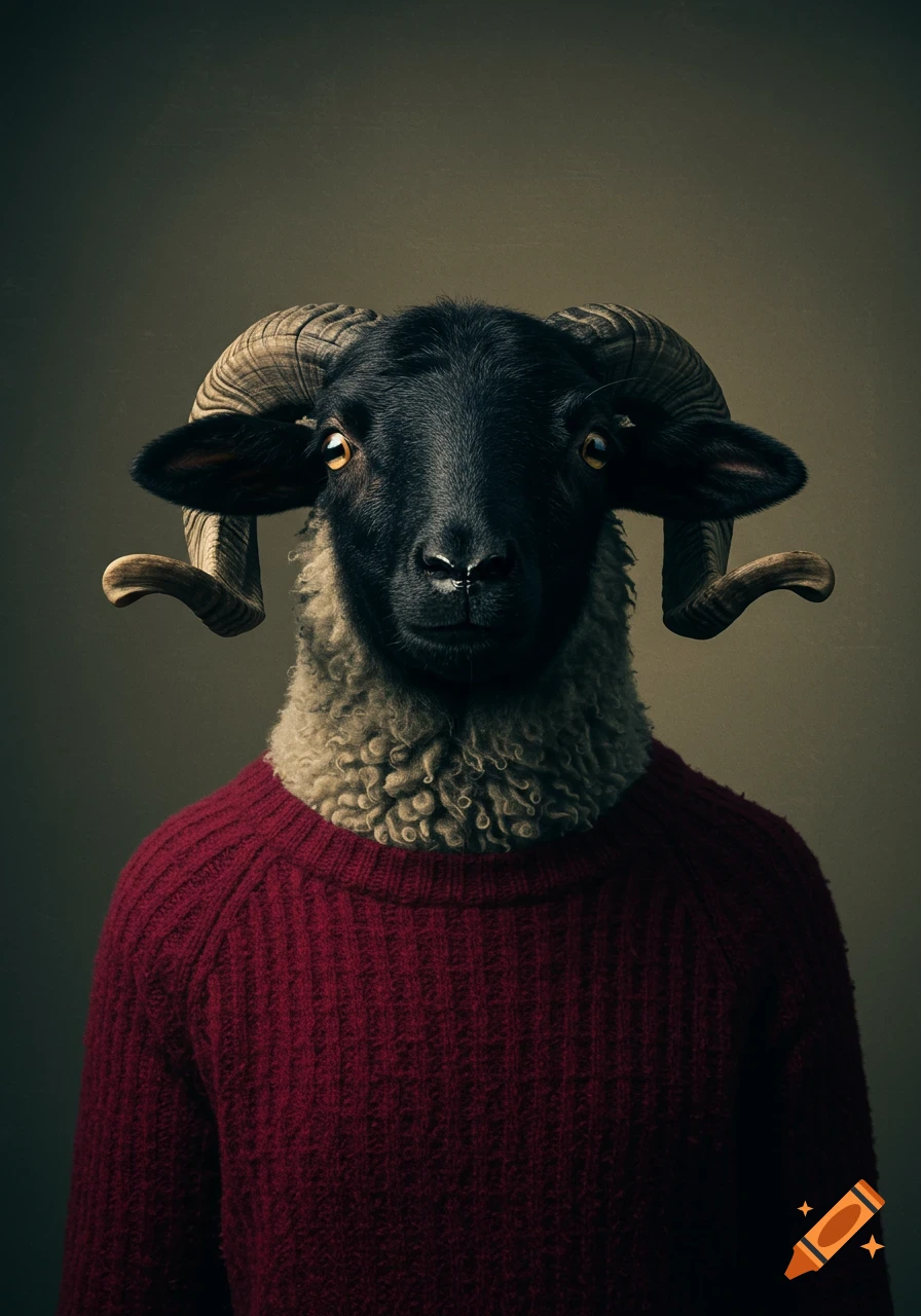 A photorealistic portrait of a black-faced sheep with curled horns wearing a red ribbed sweater in sfumato style.