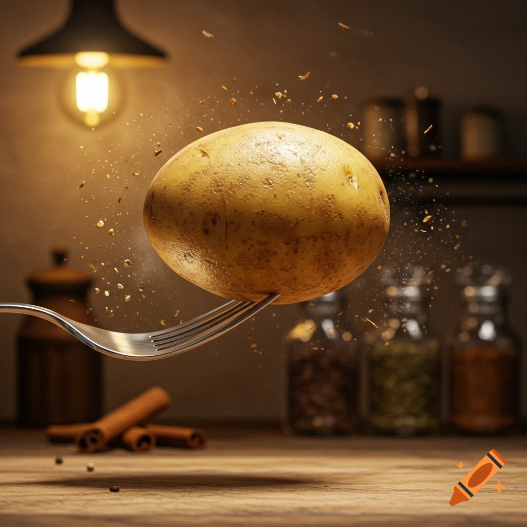 Photorealistic image of a potato on a fork, suspended in mid-air with spices scattering around it in a dimly lit kitchen.