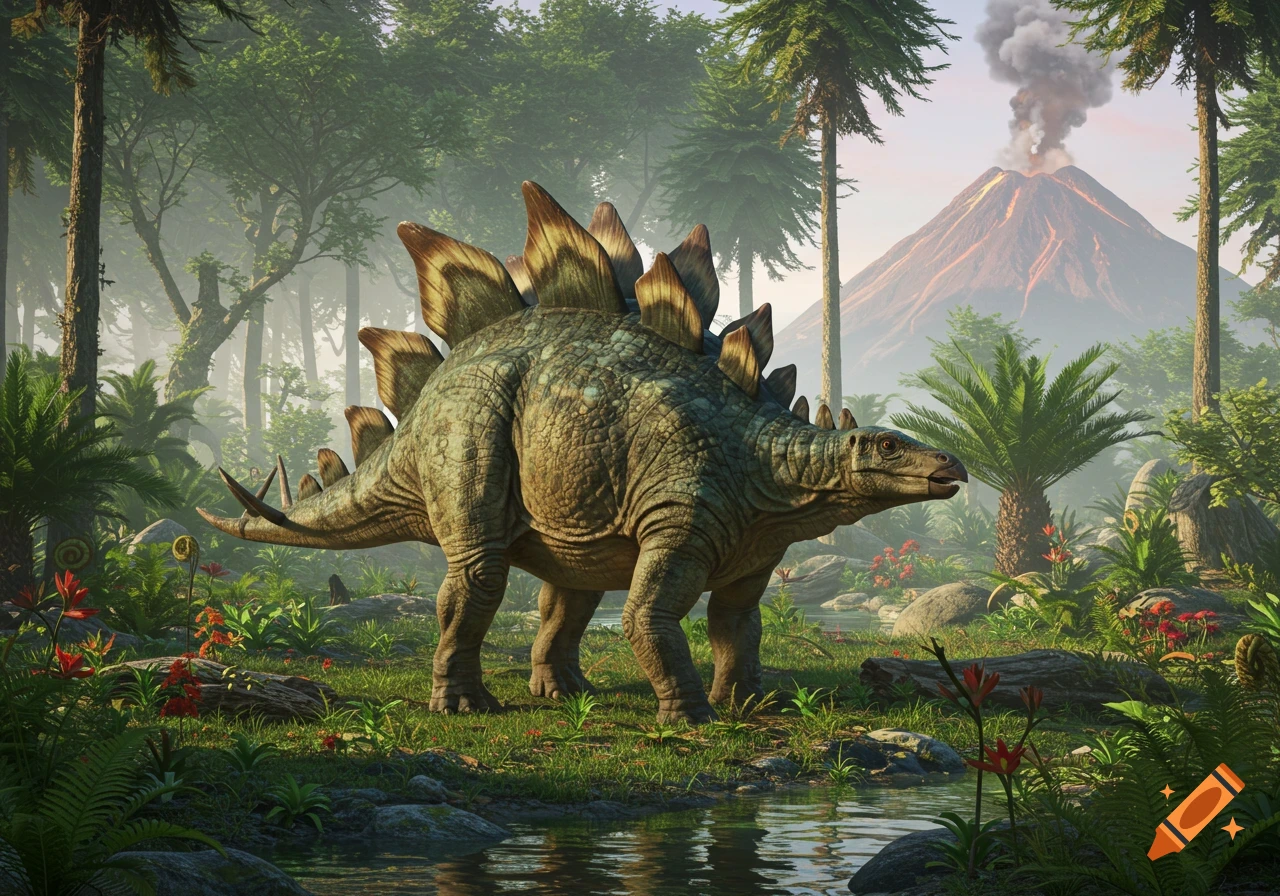 A realistic Stegosaurus in a lush jungle with a smoking volcano in the background.