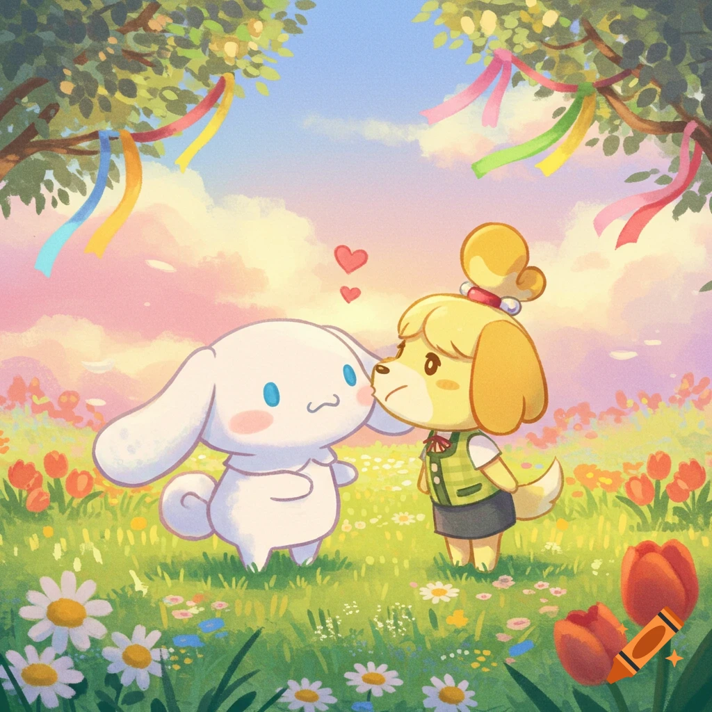 Cinnamoroll and Isabelle from Animal Crossing stand in a colorful flowery field, with Isabelle kissing Cinnamoroll's cheek.