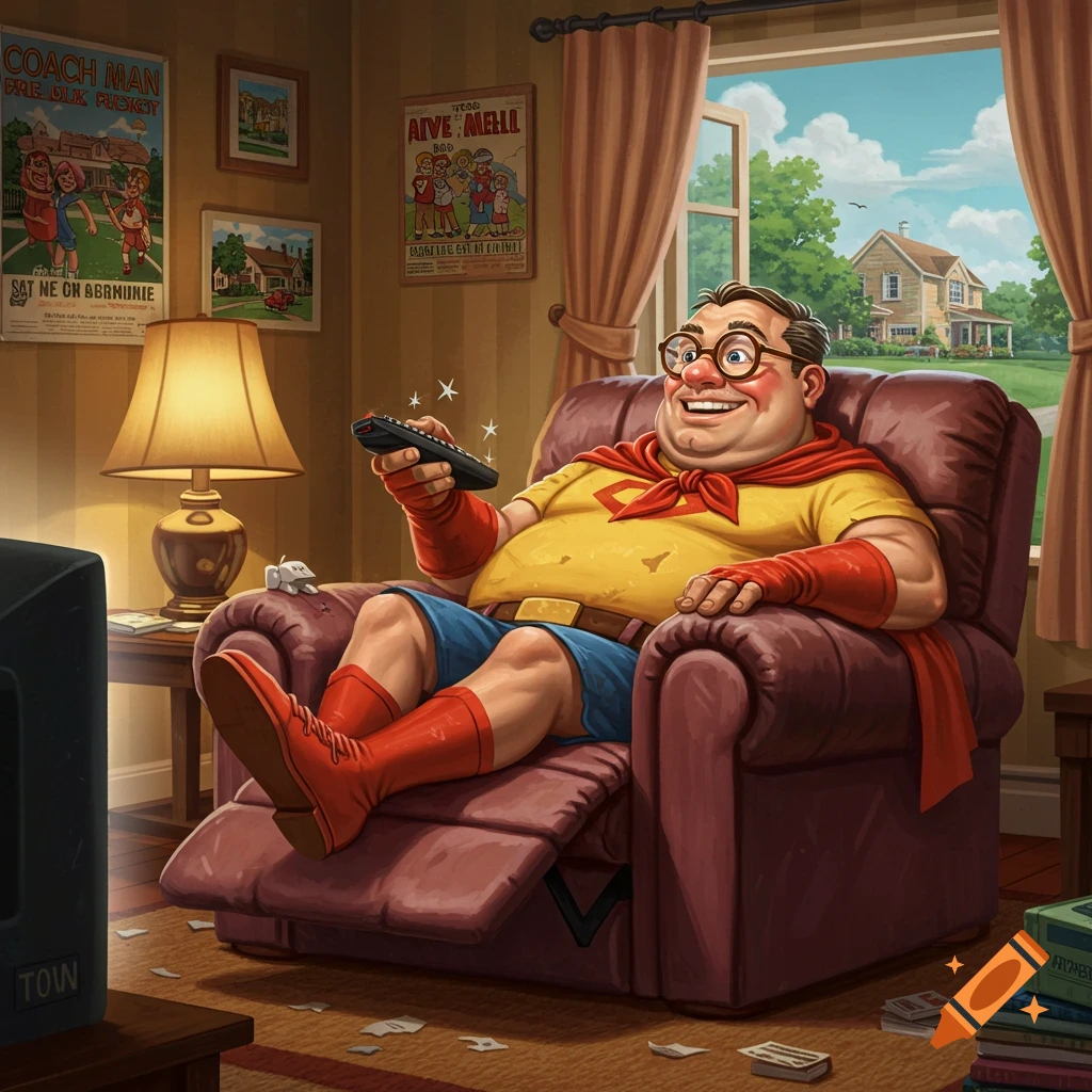 A cartoon of a smiling, portly man in a yellow superhero shirt and red cape, armbands, and boots, lounging in a recliner with a TV remote.