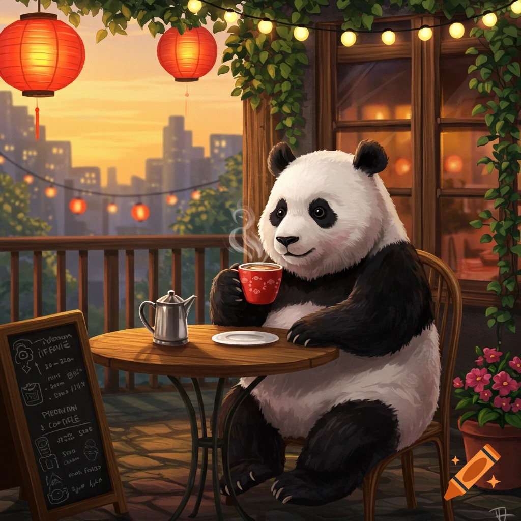 A friendly panda bear sips coffee at a cafe table on a balcony with red lanterns, overlooking a city at sunset.