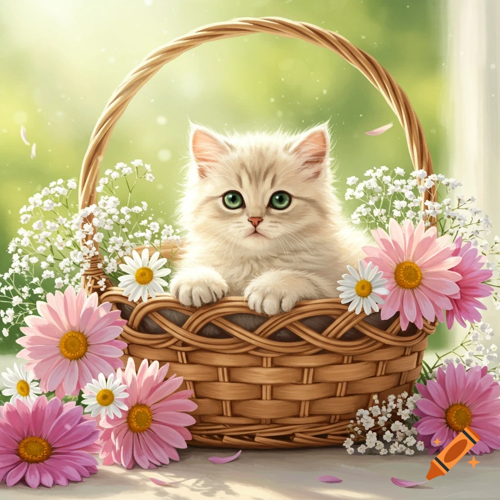A fluffy light-colored kitten with bright green eyes sits nestled in a wicker basket filled with pink and white flowers, against a soft green background.