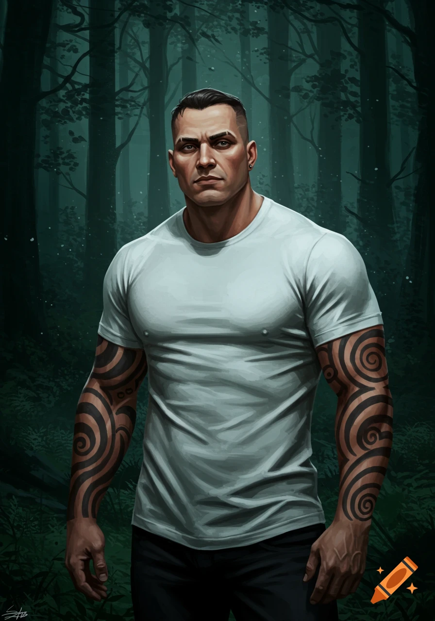A muscular man with arm tattoos and a serious expression, wearing a white t-shirt, stands in a dark forest. Digital art.