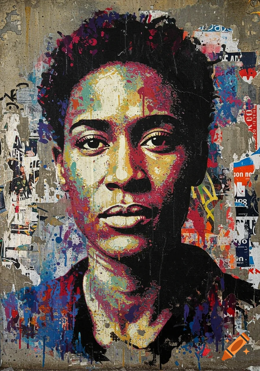 A vibrant, colorful street art portrait of a person with short dark hair, set against a background of torn posters and paint splatters.