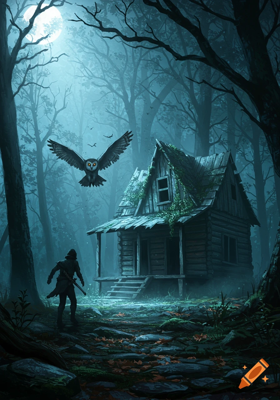 A hooded figure on a misty forest path faces an old cabin as a large owl with glowing eyes flies overhead under a full moon, dark fantasy art style.