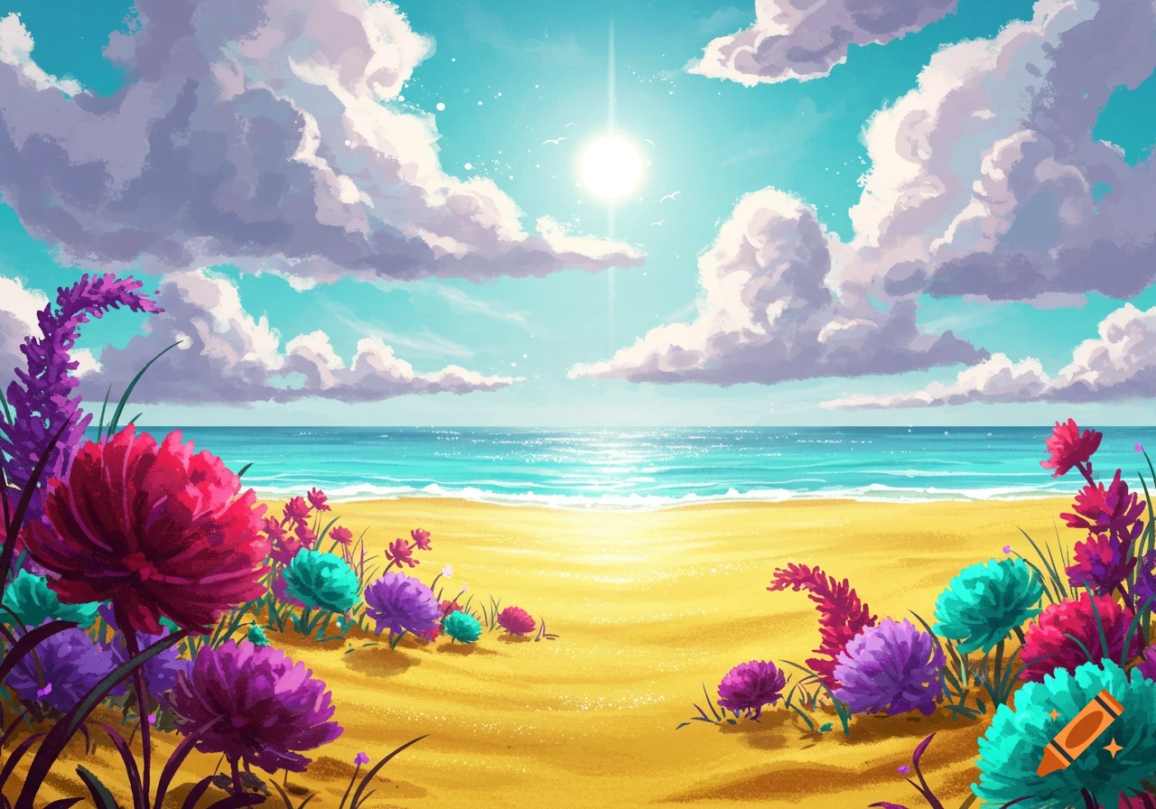 A vibrant, stylized beach scene with colorful flowers in the foreground, golden sand, turquoise ocean, and a bright sun under a cloudy blue sky.