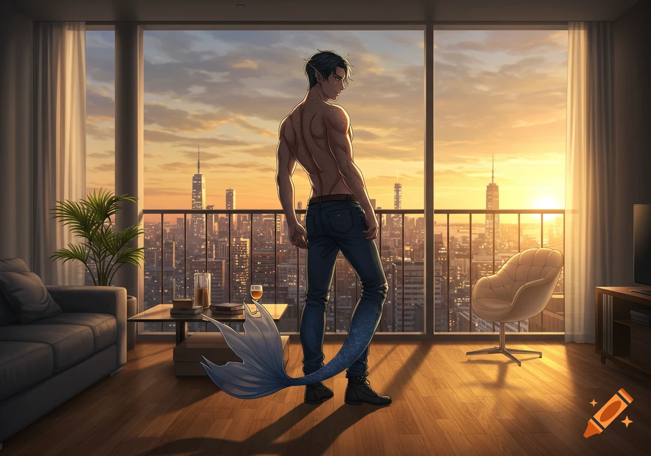 An anime-style merman in jeans stands shirtless, overlooking an urban cityscape from a high-rise apartment at sunset.