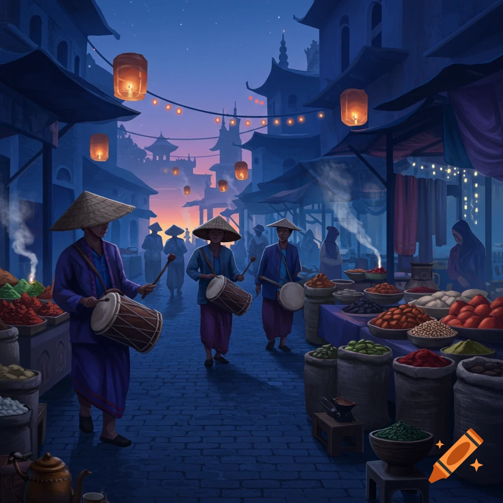 A vibrant illustration of a night market with people in conical hats playing drums, surrounded by stalls laden with goods and glowing lanterns.