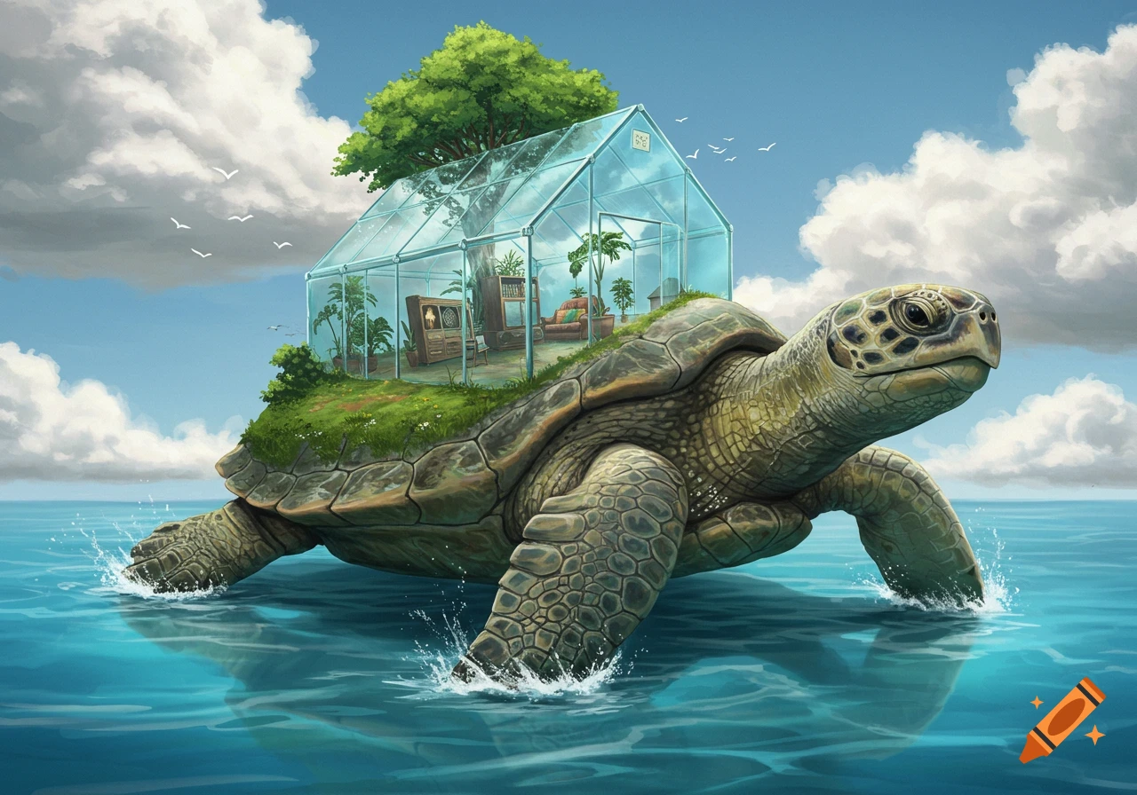 A giant sea turtle with a glass house and a tree on its back, walking through blue ocean water with white clouds in the sky.
