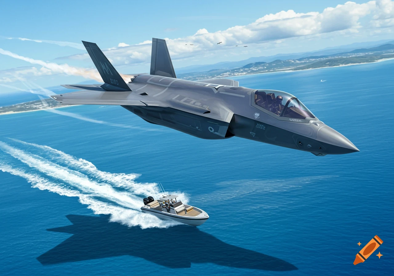 A photorealistic F-35 fighter jet flies low over a speed boat on a blue ocean, with land in the background.