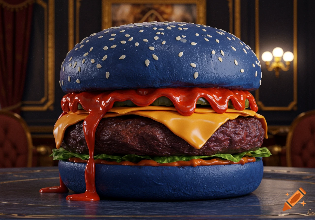 A large dark blue hamburger with sesame seeds, melting cheese, lettuce, and dripping red sauce sits on a table in a luxurious room.