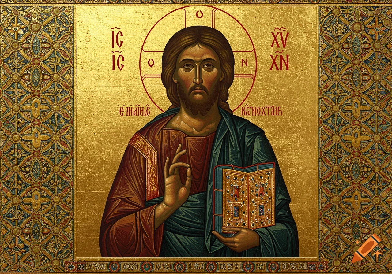 A golden Byzantine icon of Christ Pantocrator, with Jesus holding an open gospel book and making a blessing gesture.