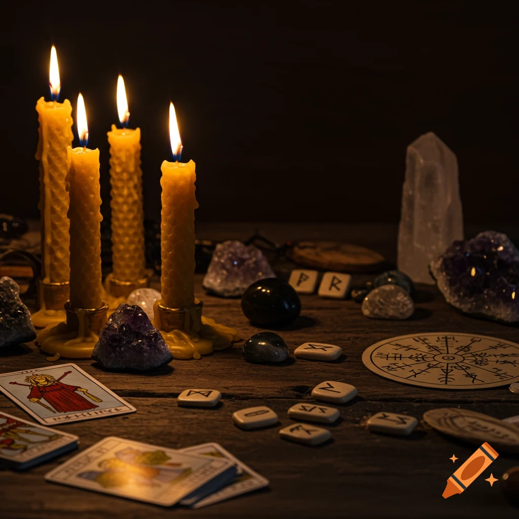 Close-up of lit yellow candles, tarot cards, rune stones, and crystals on a dark wooden table in a mystical, low-light setting.