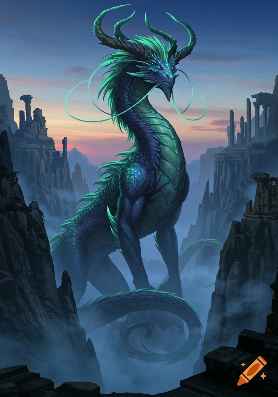 A majestic blue and green dragon with large horns and no wings stands amidst misty mountain ruins against a sunset sky.
