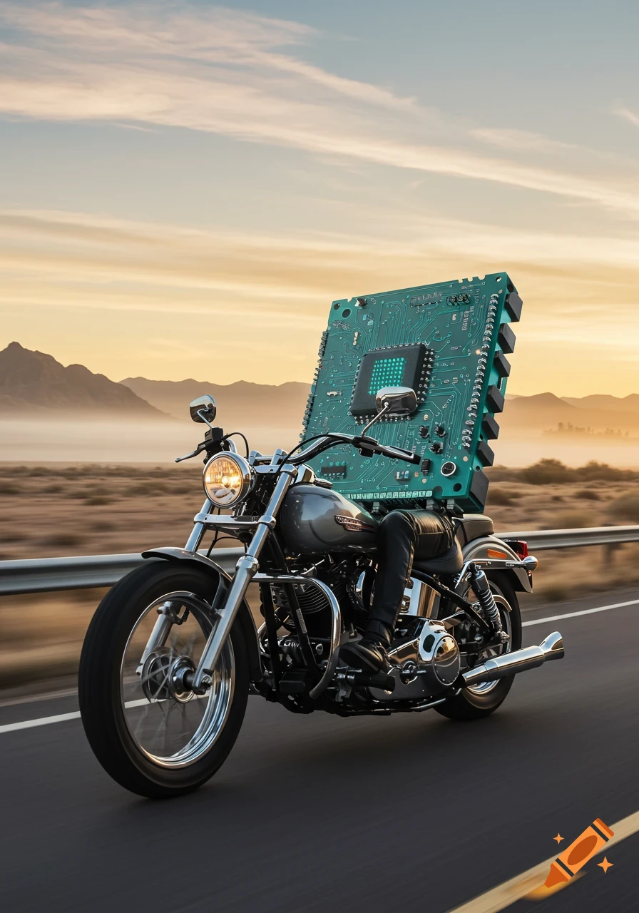 A large green circuit board with a central CPU sits atop a gray motorcycle, speeding down a highway at sunset.