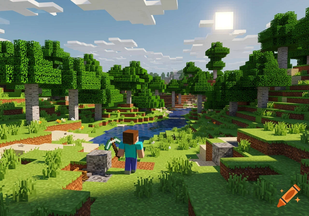 A blocky Minecraft landscape with Steve holding a pickaxe near a river and trees under a sunny sky.