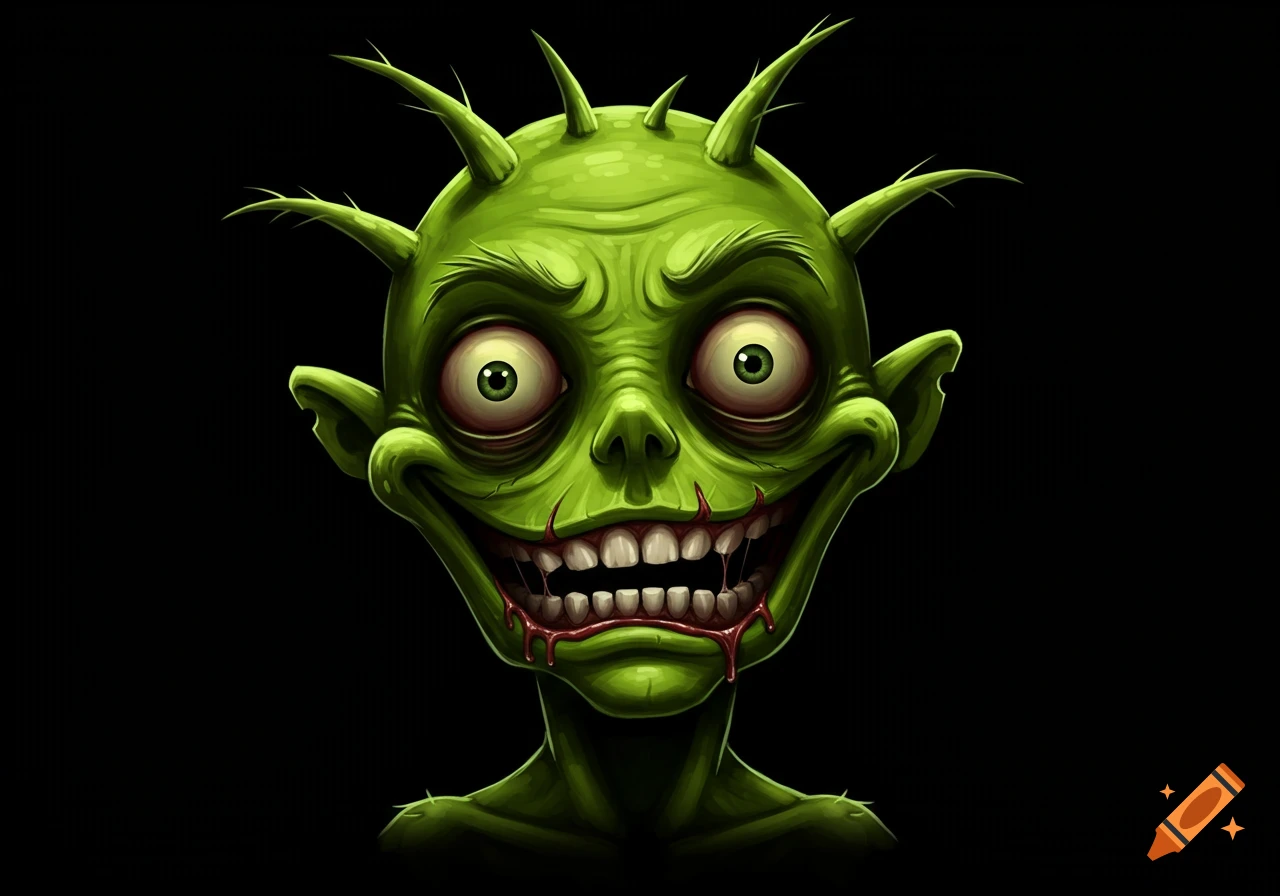 A grotesque green monster with wide, bloodshot eyes, a wide smile full of teeth, and blood dripping from its mouth, cartoon style.
