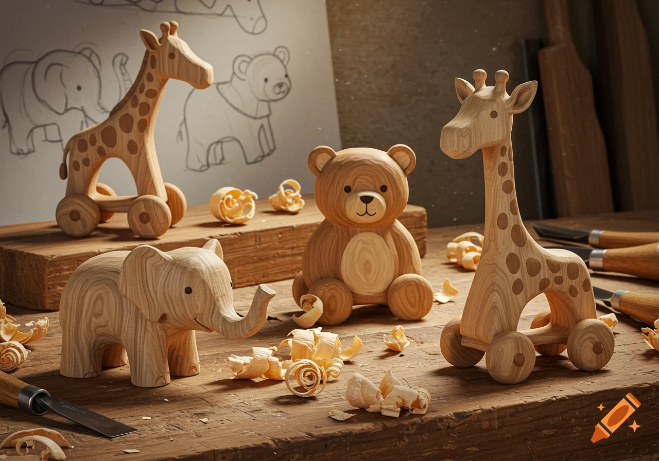 Photorealistic image of wooden animal toys: a giraffe on wheels, an elephant, and a bear, on a workbench with wood shavings and carving tools.