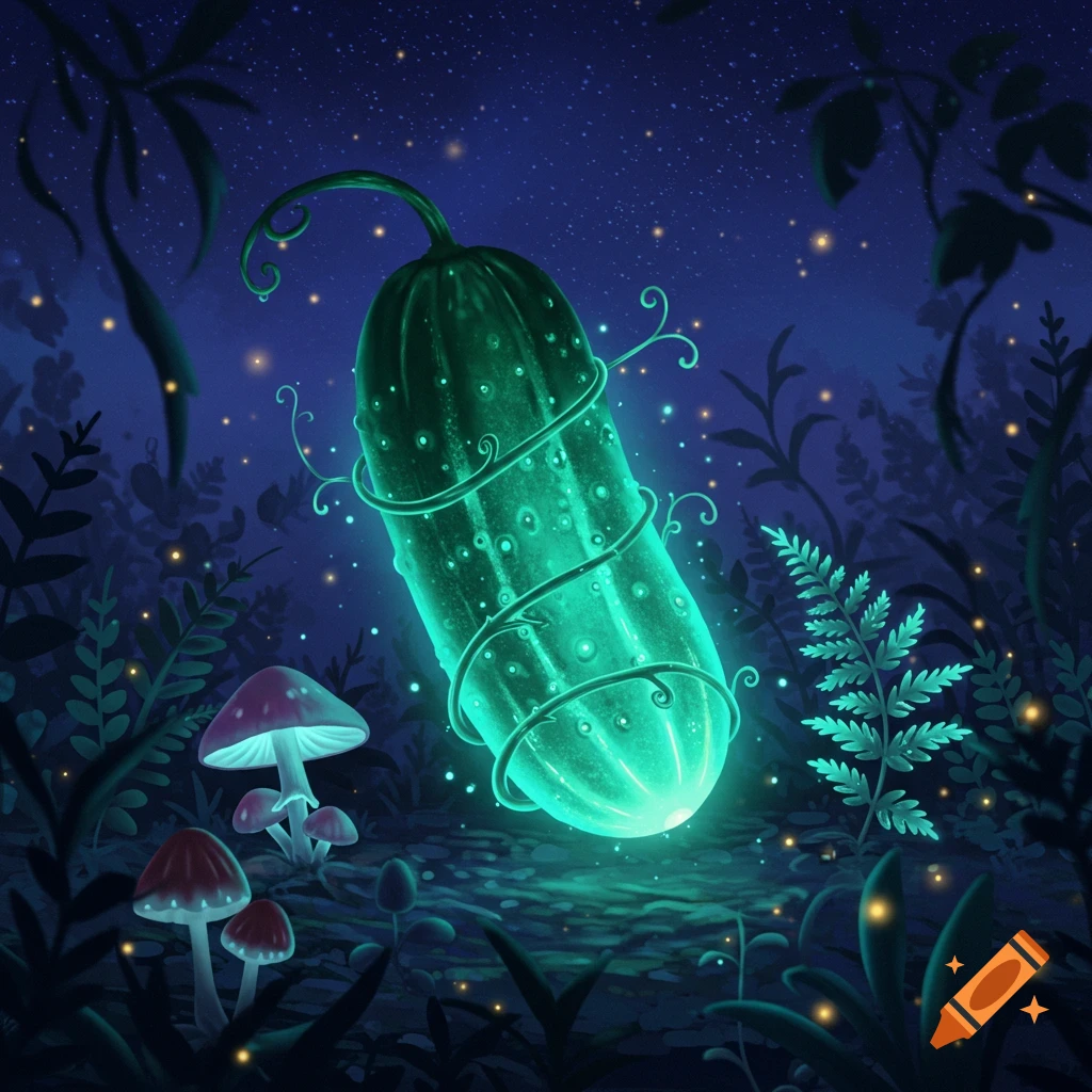 A bright green, glowing fantasy cucumber with vines, surrounded by luminous mushrooms and fireflies in a dark magical forest.