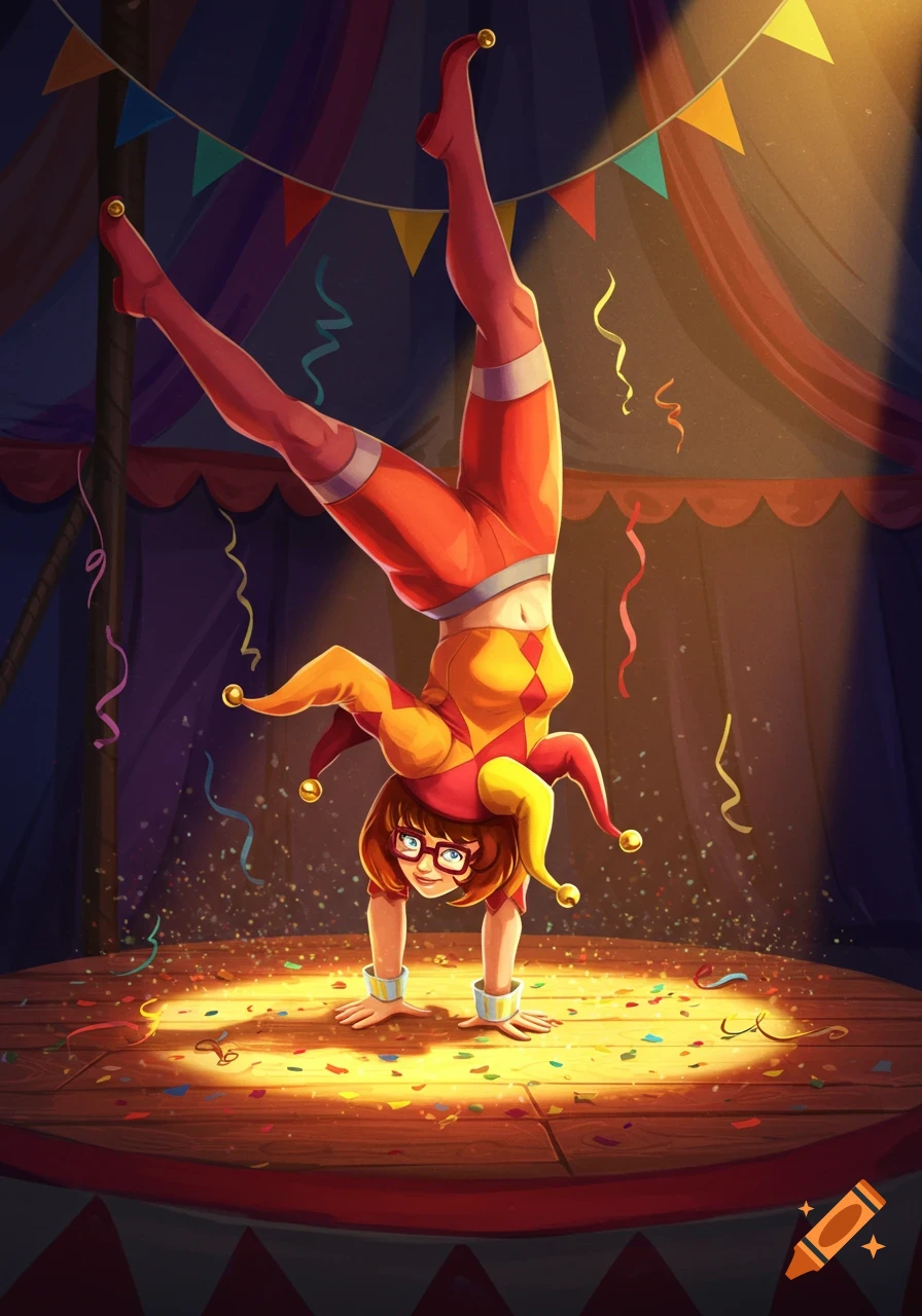 Stylized illustration of Velma from Scooby-Doo in a jester costume doing a handstand on a confetti-strewn circus stage.