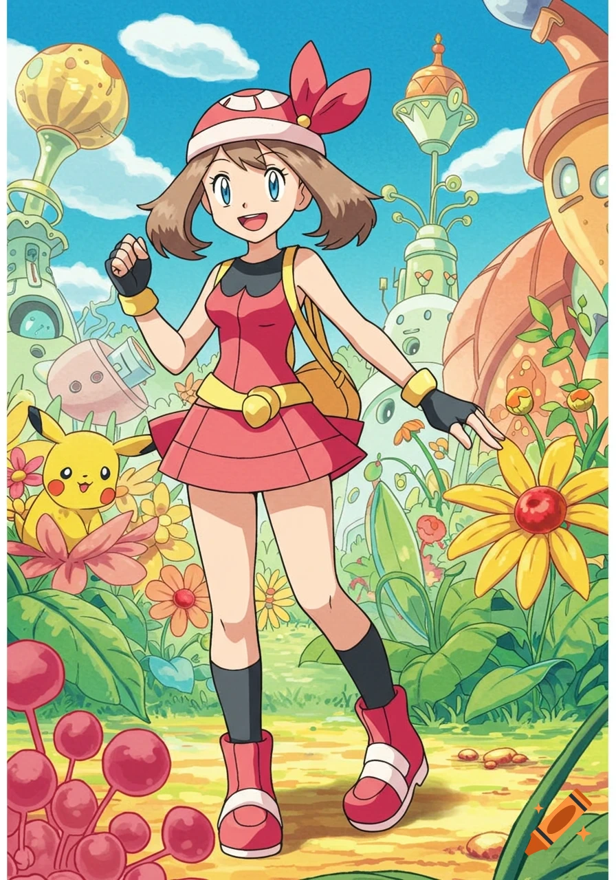 May from Pokemon, smiling and walking alongside Pikachu in a vibrant, fantastical anime landscape with colorful flowers and whimsical architecture.