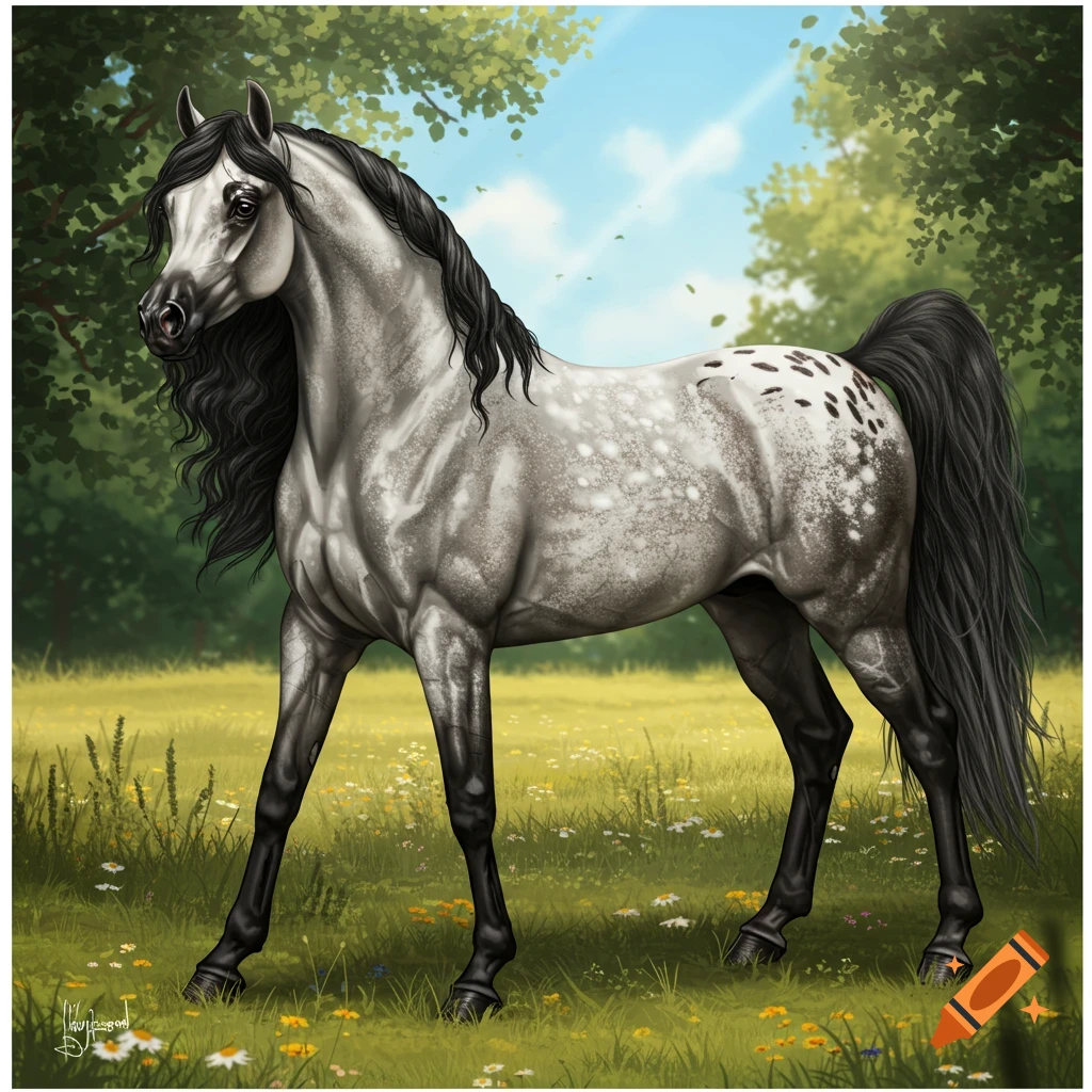 A dappled gray Arabian horse with a long, curly black mane and tail stands in a green field with wildflowers under a blue sky.