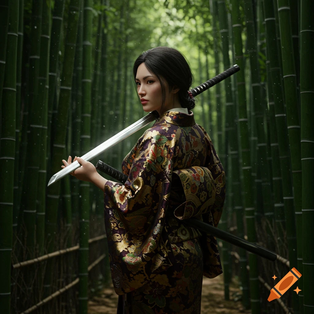 A Japanese woman in a purple and gold kimono holds a katana across her shoulders, looking to the side in a bamboo forest.