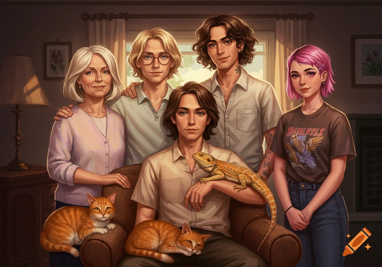 Illustrative family portrait with a grandmother, three young adults, two orange cats, and a bearded dragon in a living room.