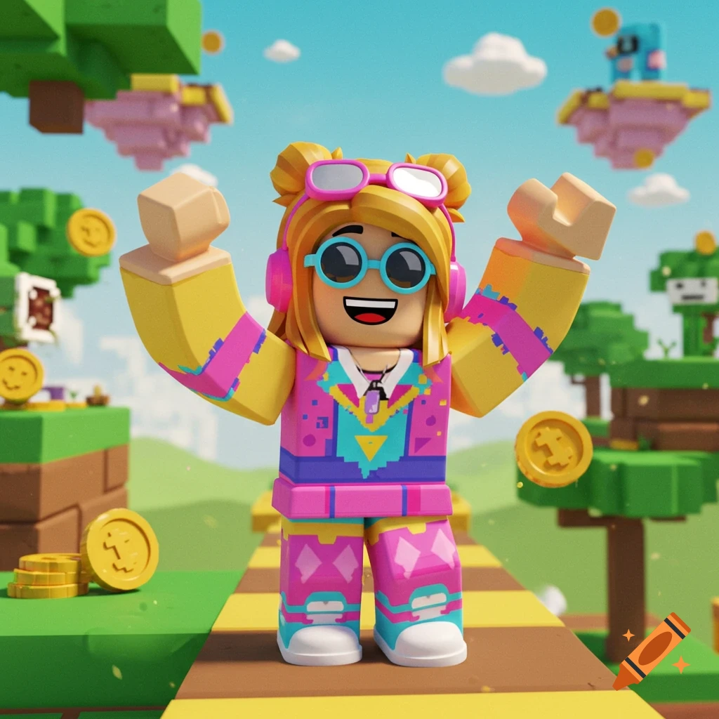 A colorful Roblox-style character with headphones and sunglasses, arms raised in a blocky, vibrant video game world with floating islands and golden coins.