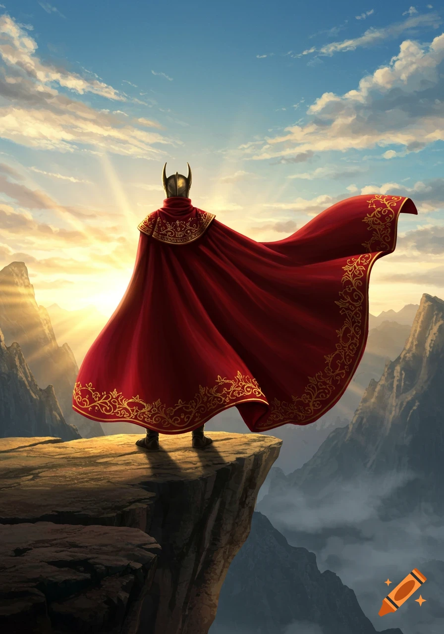 A figure in a flowing red and gold cape stands on a cliff, facing a dramatic sunrise over mountainous terrain. Fantasy art style.