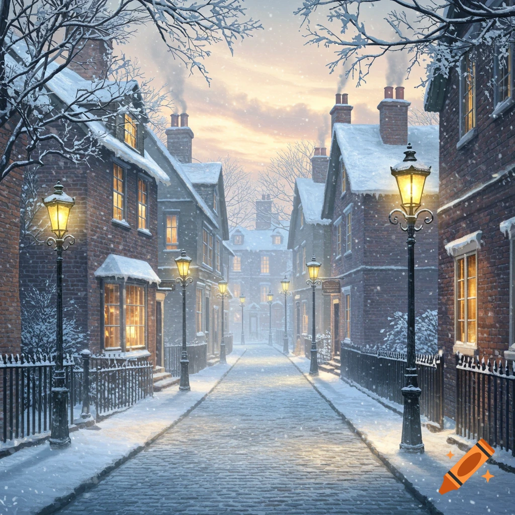 A picturesque Victorian-style street blanketed in snow, with brick buildings and glowing gas lamps under a soft winter sky.