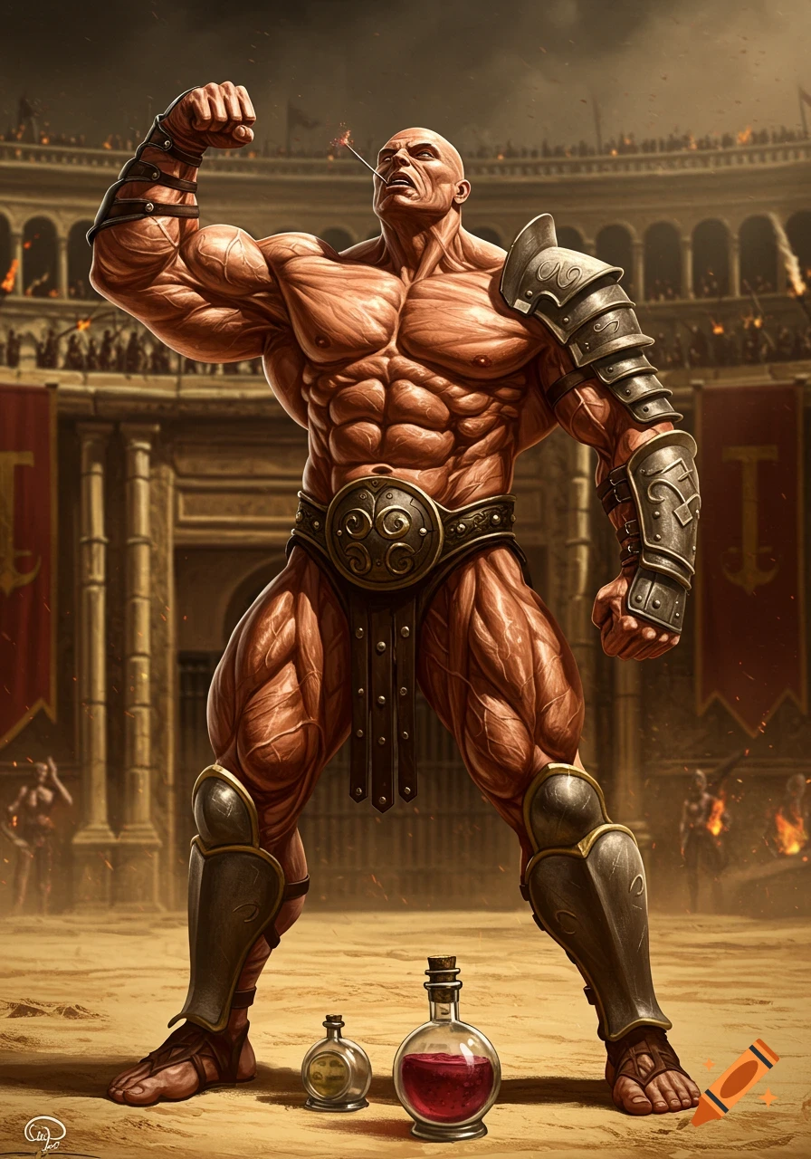 A hyper-muscular gladiator flexes in a coliseum, a smoking object in his mouth, with two potions on the ground.