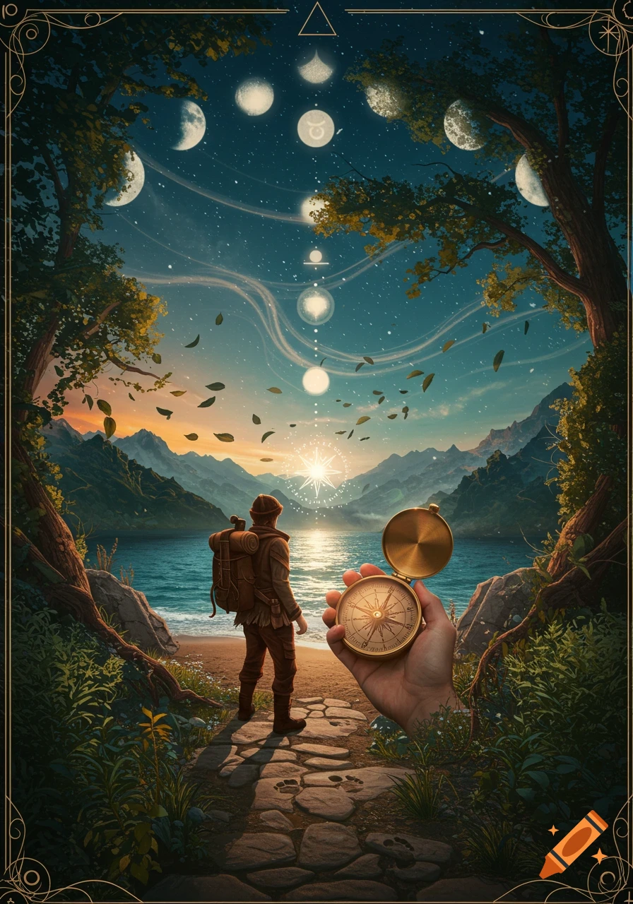A traveler with a backpack looks at a lake and mountains under a mystical sky with moons and symbols, as a hand holds a compass.