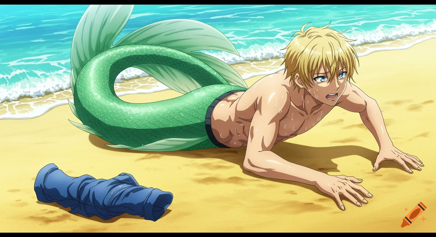 An anime-style young blond merman with a green tail crawls on a sandy beach towards blue jeans near the water.