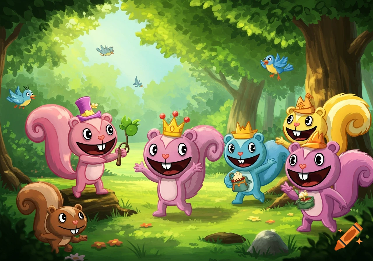 Happy cartoon animal characters with crowns and hats in a lush forest with flying birds.