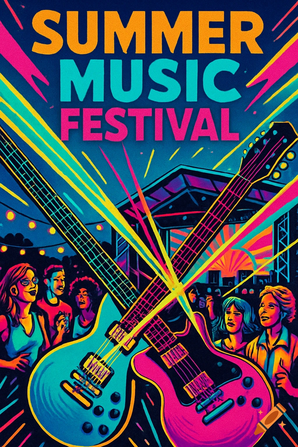 Vibrant retro 80s music festival poster with crossed guitars, bright lights, and a silhouetted crowd.