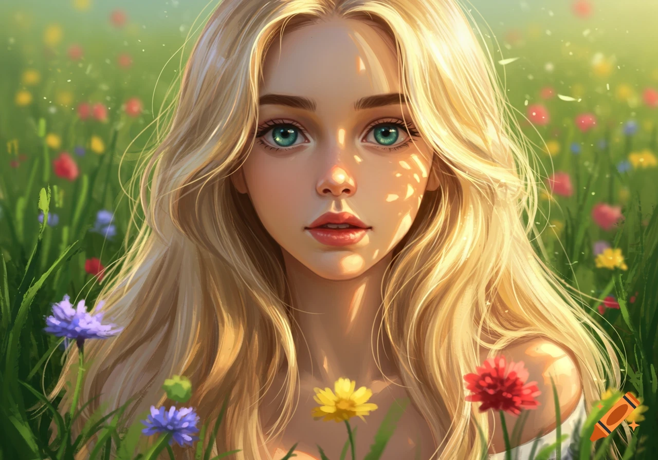 A digital painting of a blonde girl with blue eyes surrounded by colorful flowers in a sunny field.