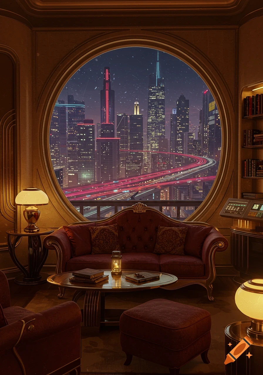 A cozy, classic-looking room with a large round window overlooking a futuristic city at night with neon lights and light trails.