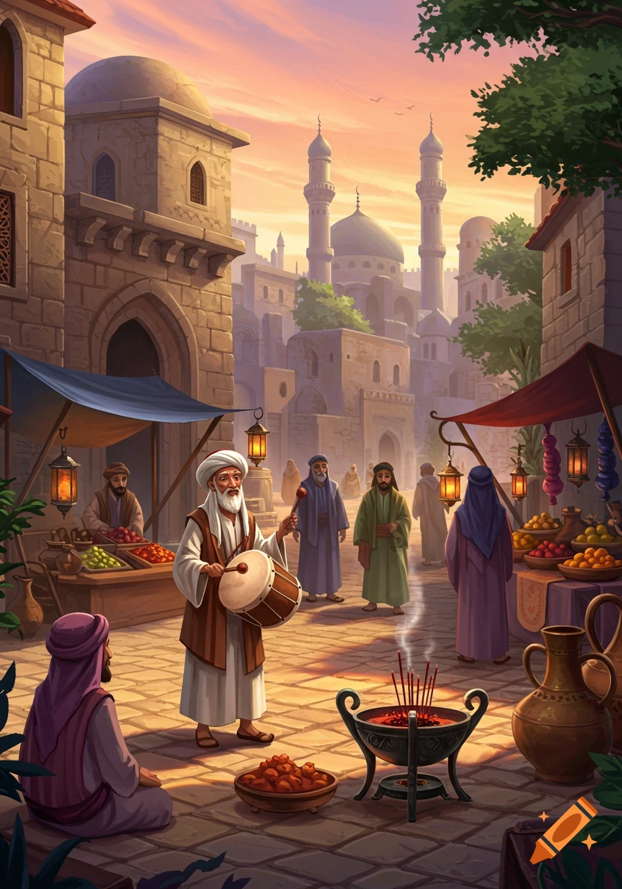 Vibrant illustration of a man playing a drum in a bustling Middle Eastern market at sunset, with vendors and a mosque.