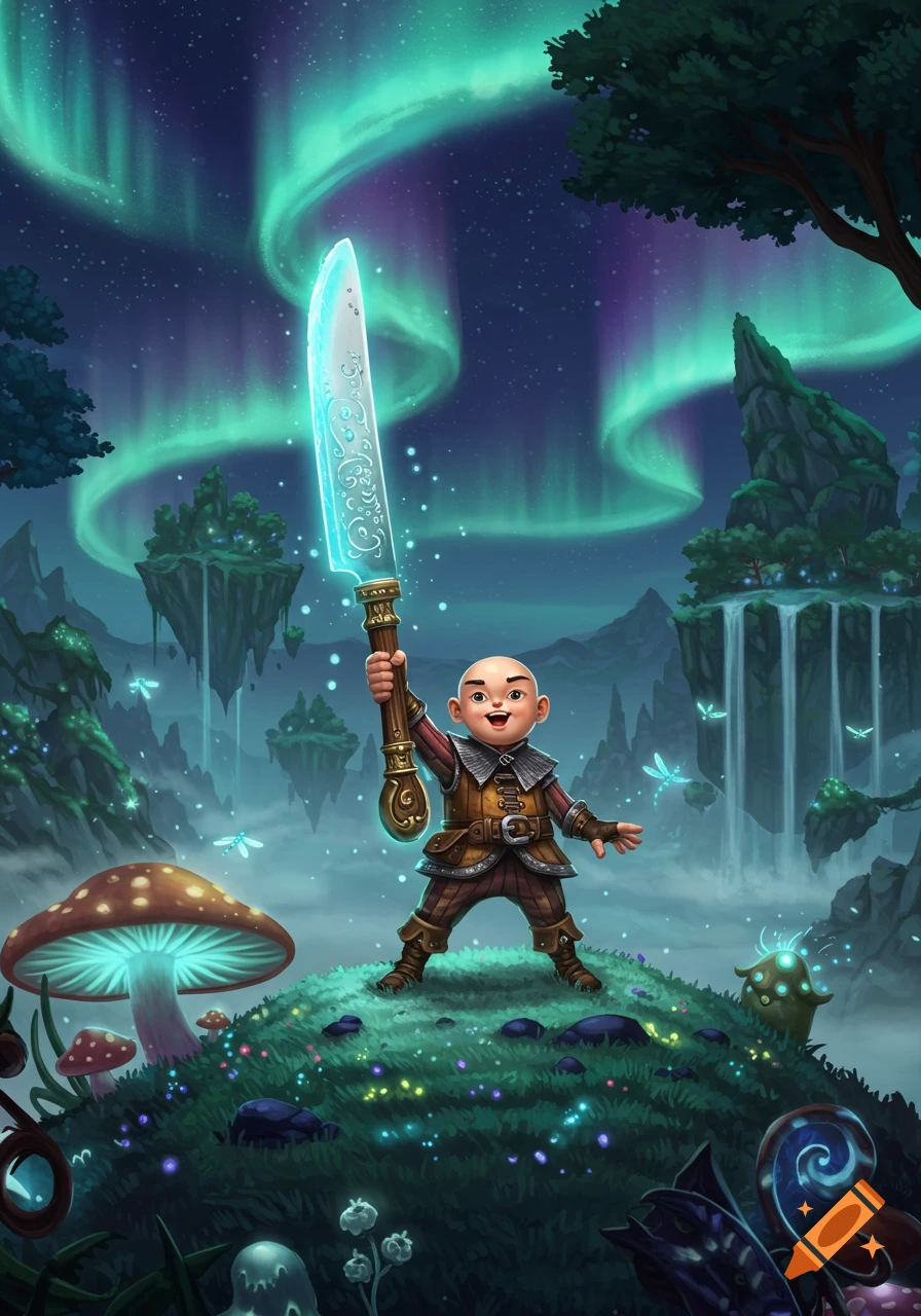 A bald, child-like fantasy character holds a glowing blue sword in a magical landscape with floating islands and aurora borealis, digital illustration.