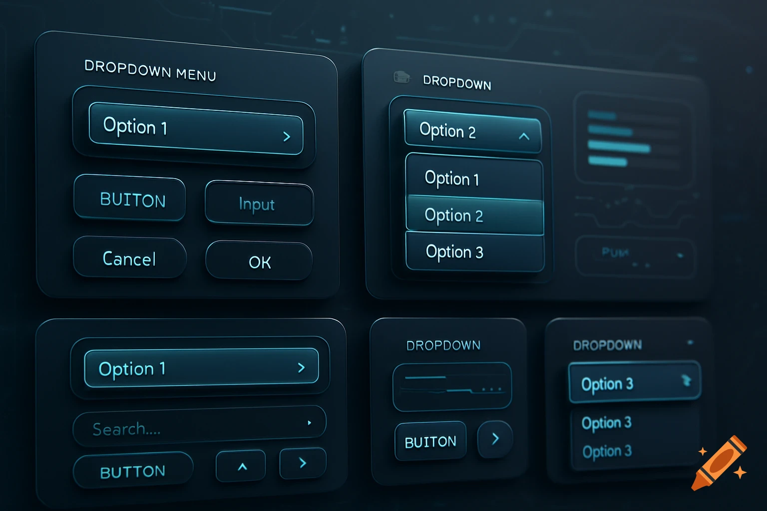 Dark, futuristic UI dashboard components with dropdown menus, buttons, and input fields.