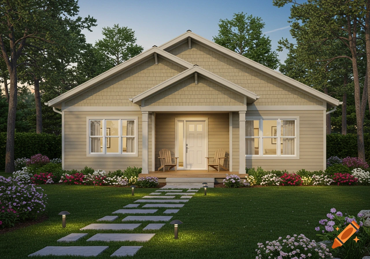 Front view of a one-story suburban house with a white door, porch chairs, a stepping stone path, green lawn, and colorful flower beds.