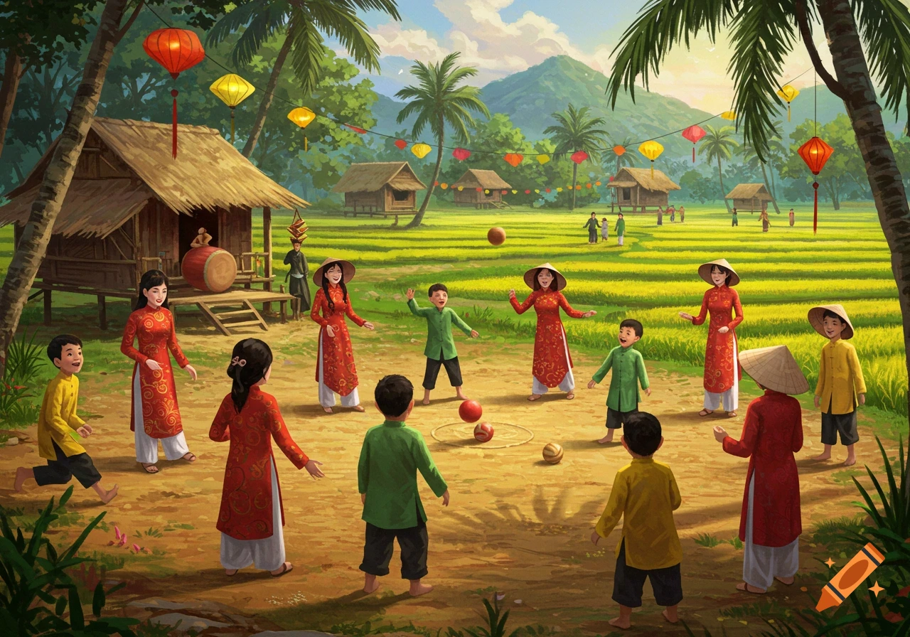 A group of Vietnamese children and adults in traditional attire play with balls in a sunny village with rice fields and thatched huts, under palm trees.