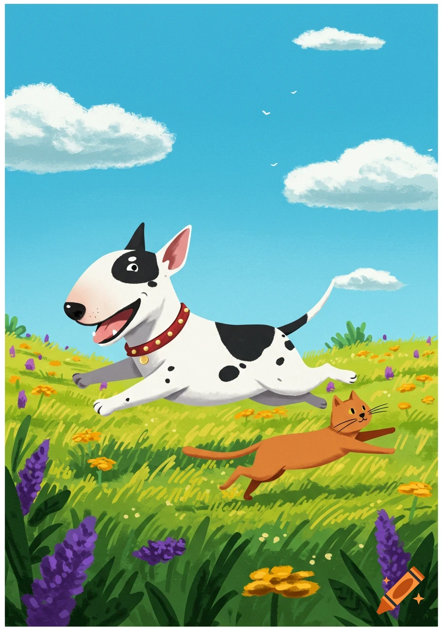 A happy cartoon bull terrier dog chases an orange cat through a green field with colorful flowers under a blue sky.