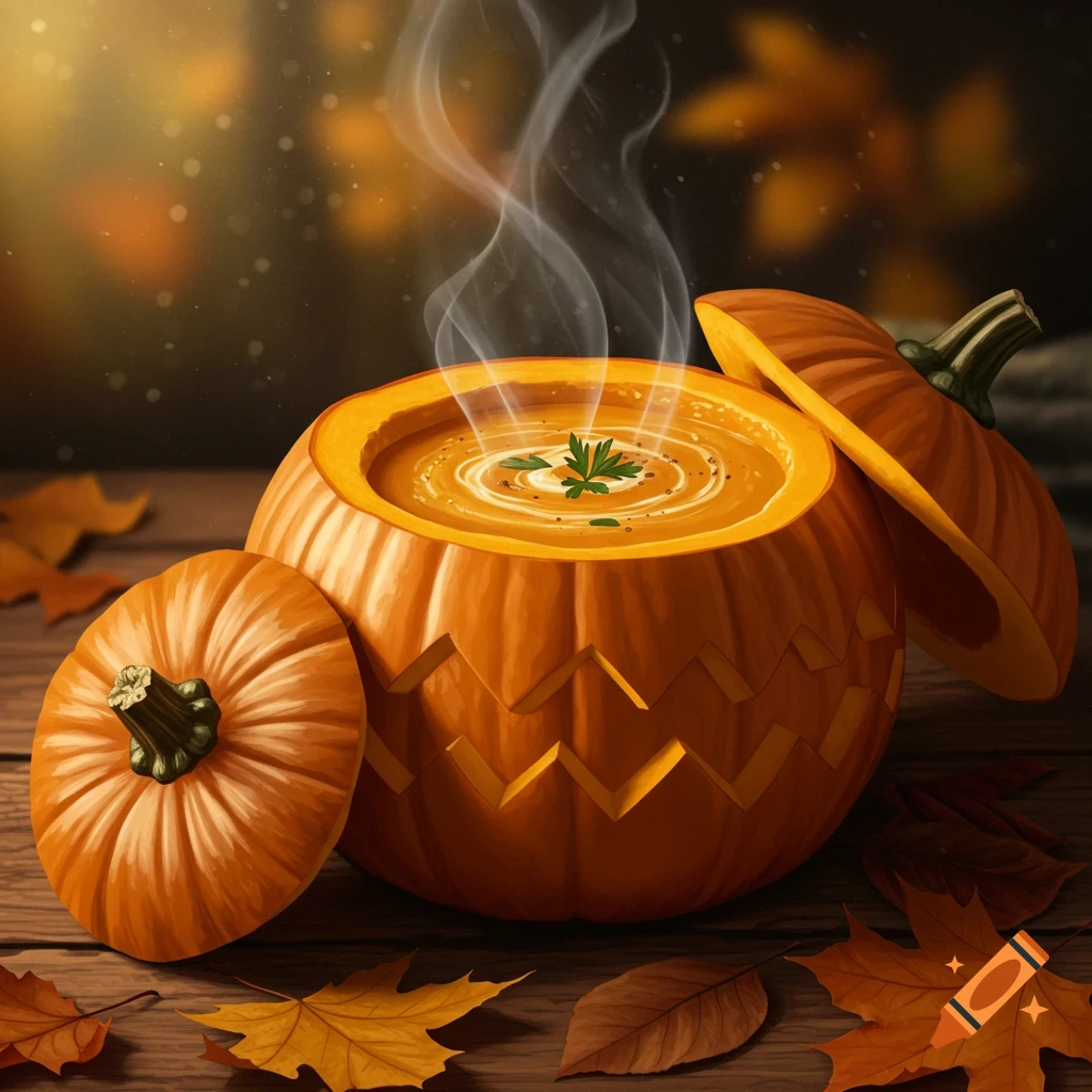 Steaming pumpkin soup served in a carved pumpkin bowl on a wooden table with fallen autumn leaves.
