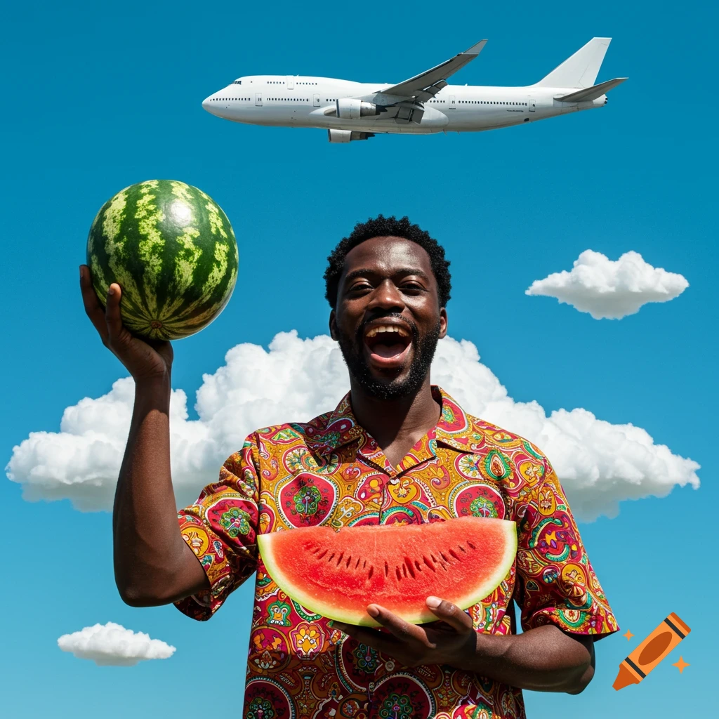 A happy Black man in a colorful shirt holds a whole watermelon and a slice, smiling under a blue sky with an airplane flying.