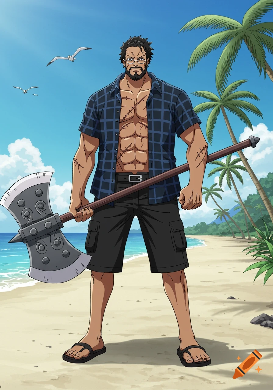 An anime man with a beard and glasses, scars on his chest and arms, wearing an open plaid shirt, shorts, and sandals, holding a battle axe on a sunny beach with palm trees.
