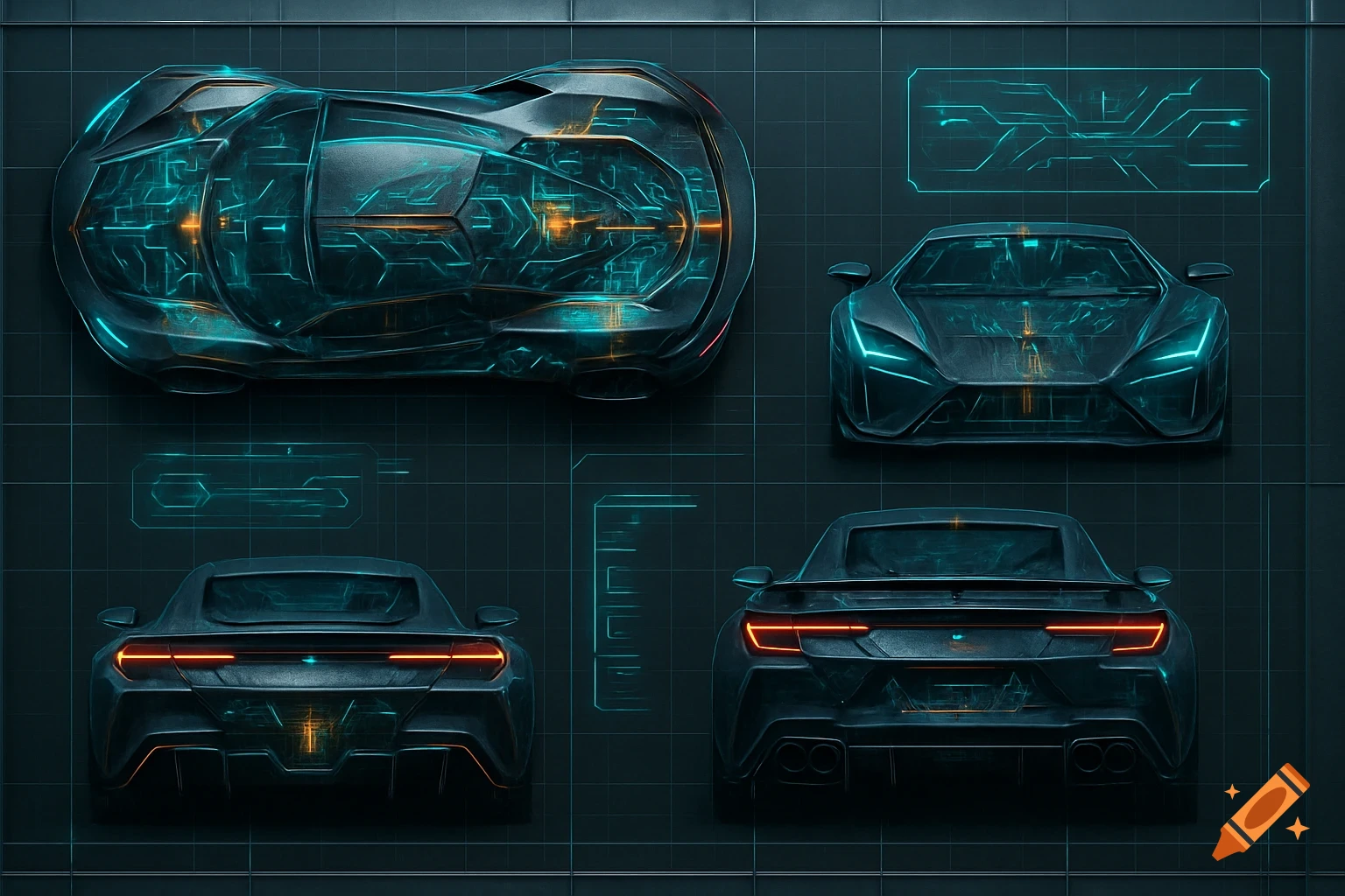 Four views of dark, futuristic sports cars with glowing teal circuits and orange accents on a grid background, like a blueprint.