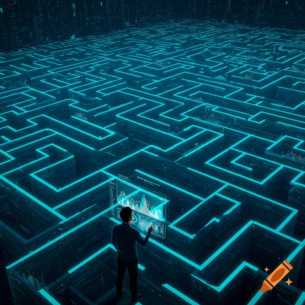 A person views a holographic data screen while standing in a vast, glowing blue digital maze, in a futuristic digital art style.